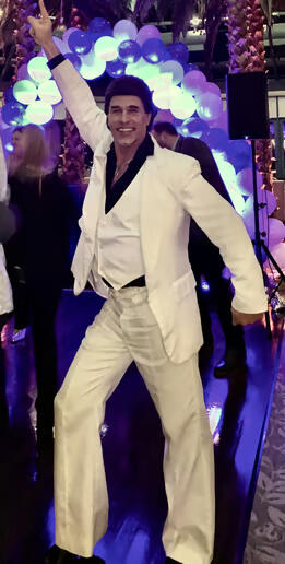 Tony Manero Impersonator -Phil Travolta, the iconic Saturday Night Fever Point Pose